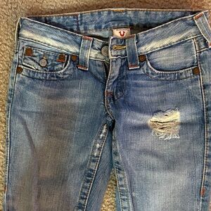 True Religion Light Blue Distressed Flare Jeans